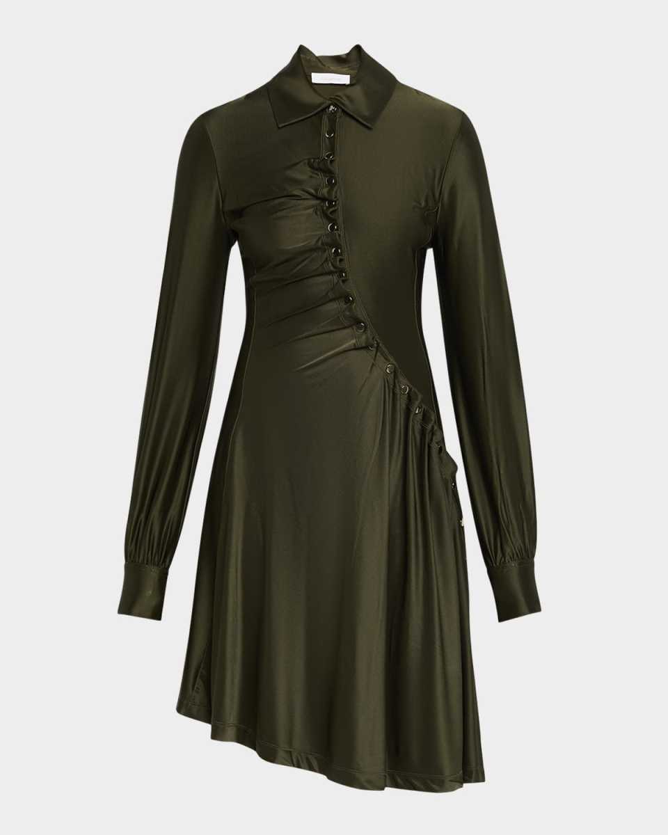 Ruched Button Long-Sleeve Mini Shirtdress